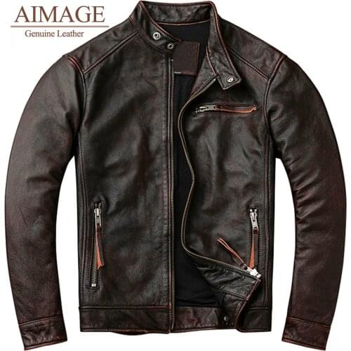 Vintage Men Leather Jacket 100% Genuine Cowhide Biker Jacket Slim Fit Men Motorcycle Coat Autumn S-4XL PY068