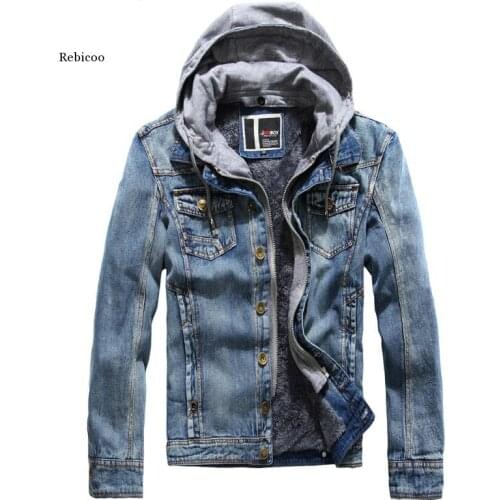 Men Winter Jean Jackets Hooded Outerwear Warm Denim Coats New Men Large Size Thicker Denim Jackets Hooded Removable