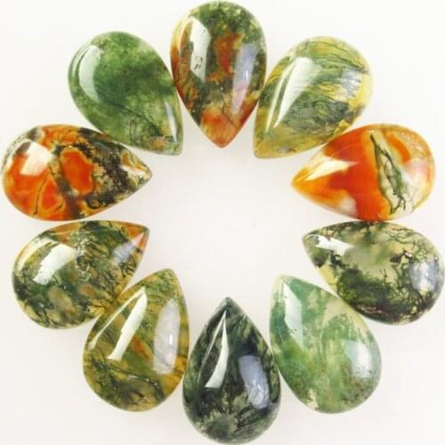 Hot 12Pcs/Lots Wholesale Natural Moss Agates Teardrop Semi-precious Stone CAB CABOCHON 10x14x4mm Flat Backed