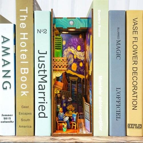 New DIY Book Nook Van Goghs World Model Wooden Bookend Book Shelf Insert Bookcase With Light Kit Crafts Toy for Children Gift