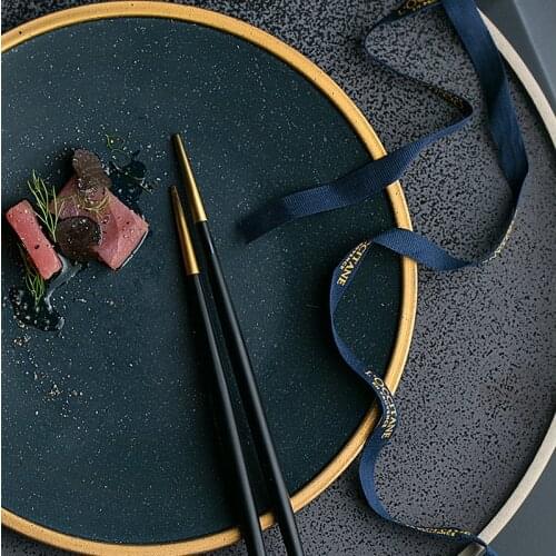 1PC KINGLANG Creative Ceramic High quality Gold Slim Round Steak Snacks Dinner Plate Tableware