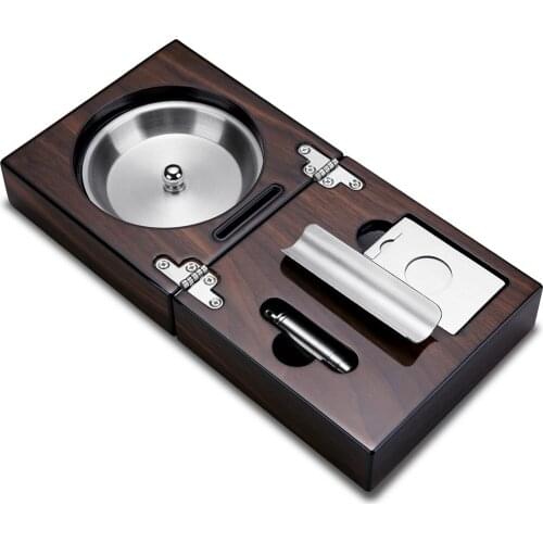 CIGARLOONG New Cigar Ashtray Set Solid Wooden Stainless Steel Ashtray with Cigar Punch Cutter Holder Portable Foldable CE-1205