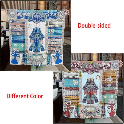 100% Twill Silk Scarf Double-sided Different Color Print Samurai Armor Shawl Hijab Square Bandana Hand Rolled Kerchief 90*90cm