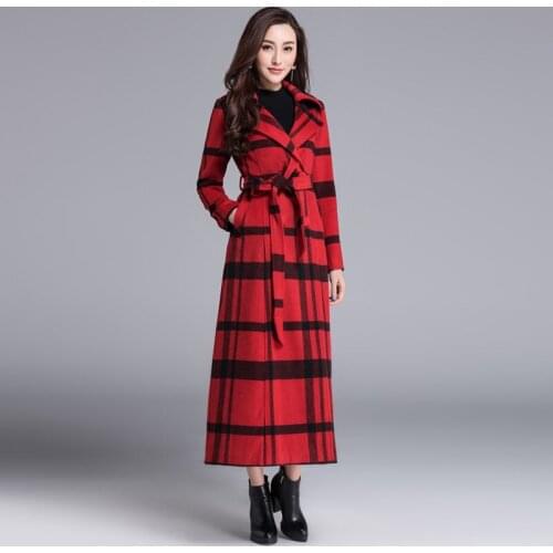 Warm Cashmere Plaid Woolen Coat Winter Women Wool Blend Long Manteau Femme Trench Female Overcoat Outerwear Casaco Feminino
