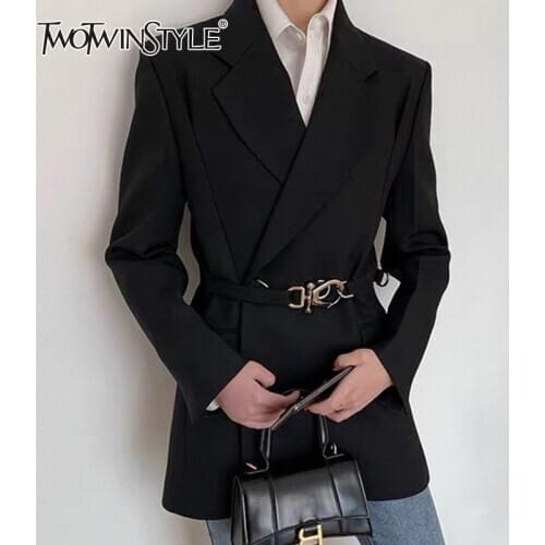 TWOTWINSTYLE Temperament Patchwork Sashes Blazer For Women Notched Long Sleeve Casual Solid Blazers Female Fashion New Spring