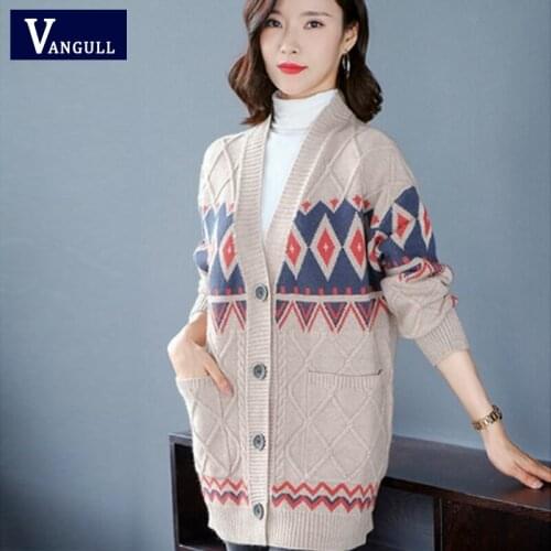 Vangull Fashion Plaid Knitted Women Cardigan Single Breasted V-neck Women Open Stitich Sweater 2021 new Autumn Ladies Sweater