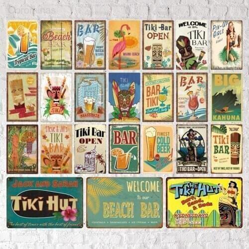 Vintage Beach Surfing Metal Poster Retro Tin Sign Tiki Plate Bar Decoration Plaque Metal Vintage Cold Beer Bar Wall Art Decor