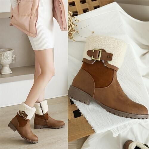 YQBTDL 2020 Winter Med Chunky Heel Ankle Boot Warm Faux Lambswool Design Buckle Brown Khaki Black Womens Shoes Plus Size Booties