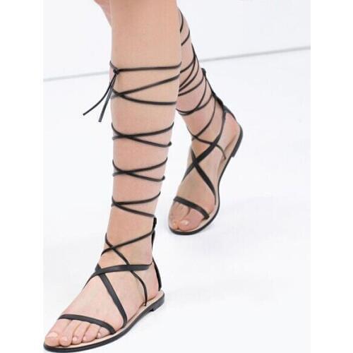 Cross-tied Open The Toe Women Knee High Gladiator Sandals New Fashion Sexy Rome Cut Out Big Size Sandals Boots SXQ0604