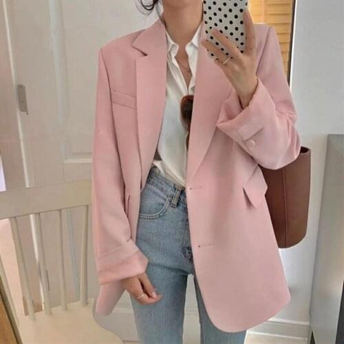 New 2021 Double Breasted Pink Womens Blazers Pockets Female Formal Jackets Elegant Loose Outerwear Tops Autumn Winter