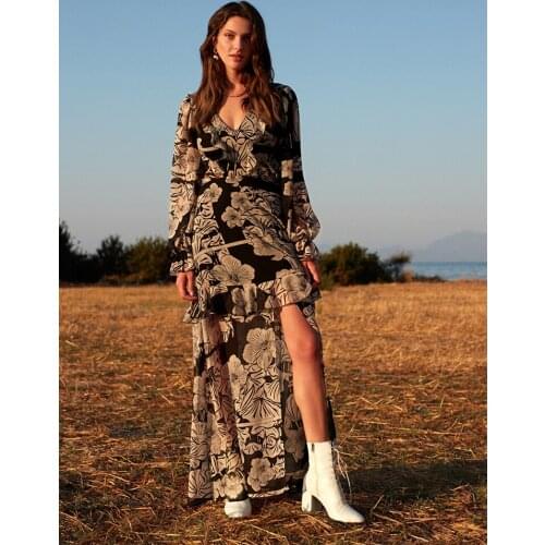 Women Blue Floral Printed Long Ruffled Slipping Dress Spring Summer Beach Holiday Casual Bohemian Style 2021 New Collection