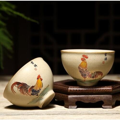 2pcs/set Coarse Pottery Golden Rooster Kungfu Tea Cups Ceramic Master Cup Personal Single Cup Teaware Kitchen Drinking Tool