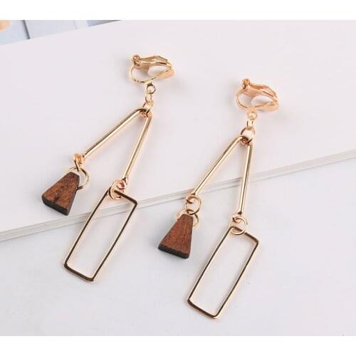 Natural Wood Asymmetric Clip Earrings for Female Geometry Hollow Alloy Without Piercing Ethnic Fashion Statement Girls Jewelry
