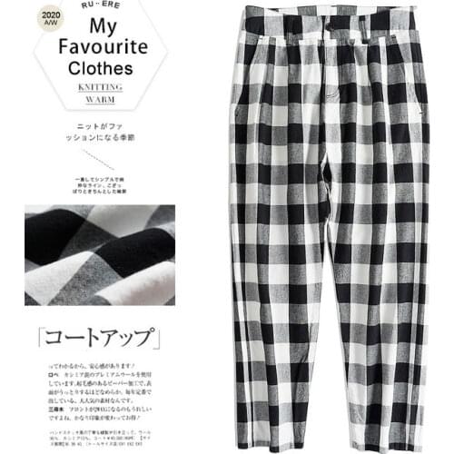 Spring Autumn Women Loose Japan Style Plaid Comfortable Breathable Water Washed Cotton Linen Trousers Elastic Waist Harem Pants