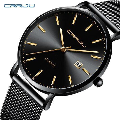 2019 CRRJU Classic Business Black Mesh Belt Fashion Quartz Watch Men Top Brand Luxury Waterproof Relogio Masculino Drop Ship
