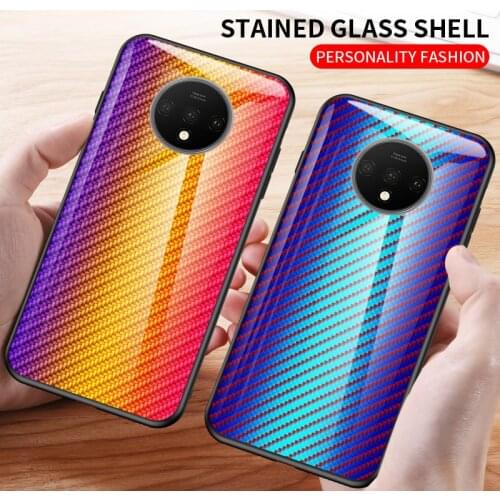 For OnePlus 7T Case Hard Tempered glass Fashion Gradient carbon fiber protect back cover case for one plus 7t oneplus7t 1+7t pro