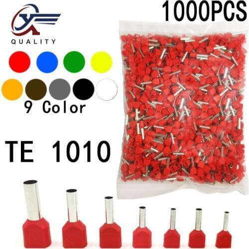 1000pcs/Pack TE 1010 Insulated Ferrules Terminal Block Double Cord Terminal Copper Insulated Crimp terminal Wires 2x1.0mm2