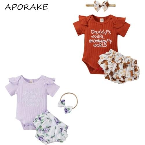 2021 0-24M Sweet Baby Clothes DADDY GIRL MOMMY WORLD Embroidery Short Sleeve Romper+Floral Print Layered Shorts Skirt 3pcs Set