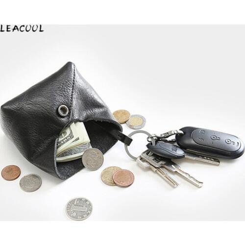 LEACOOL Genuine Leather Small Coin Purse Men Mini Pouch Coin Bag Card Holder Money Change Key Wallet Kids Gifts