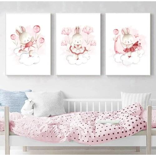 Cute Rabbit Clouds Flowers Animals Canvas Painting Nursery Poster Wall Art Print Cartoon Pictures For Baby Girls Room Decoration