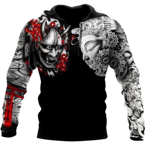 Fashionable Buddhism and Oni Mask Tattoo 3D full printed hoodie unisex autumn casual zipper hoodie streetwear sweatshirt