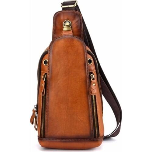 Men First Layer Cowhide Leather Chest Sling Bag Cross Body Messenger Shoulder Pack Motorcycle Hiking Travel Camping