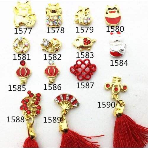 New Year Rhinestone Fortune Coin Pendent Fan lantern Goldfish 3D Bride Nail Art DIY Metal Accessories Design Charms Decals