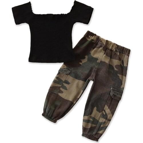 Baby Clothing Girls Short-Sleeve Off-Shoulder T-Shirt and Camouflage Trousers 2pc Sets Workwear Summer Kids Outfits 1-6 Years