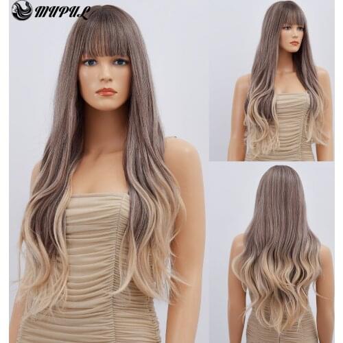 Ombre Long Wave Brown Daily Synthetic Wig For White Women Wigs With bangs Blonde Heat Resistant Girl Hair Cosplay Female Wigs