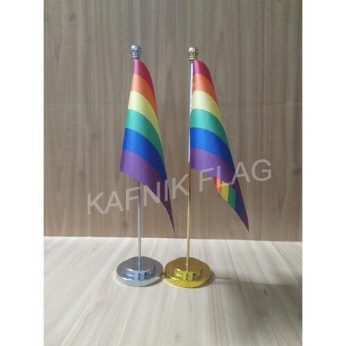 KAFNIK,Rainbow/gay/LGBT Office table desk flag with gold or silver metal flagpole base 14*21cm country flag free shipping