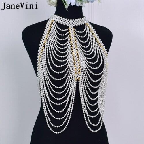 JaneVini Luxury Multilayer Pearl Halter Bridal Shoulder Necklace Women Body Chain Sexy Shoulder Straps Wedding Dress Accessories
