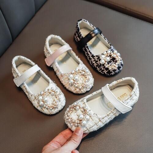Girls Pearl Shoes 2020 New Fashion Spring Autumn Children Grid Leather Princess Shoes Kids Flat Dancing Shoe Toddler Casual Shoe