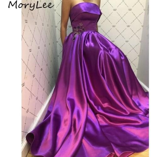 Prom Dresses Sleeveless A-Line Side Slit High Quality Satin Pleated Crystal Prom Dresses Zipper Back vestidos de fiesta de noche
