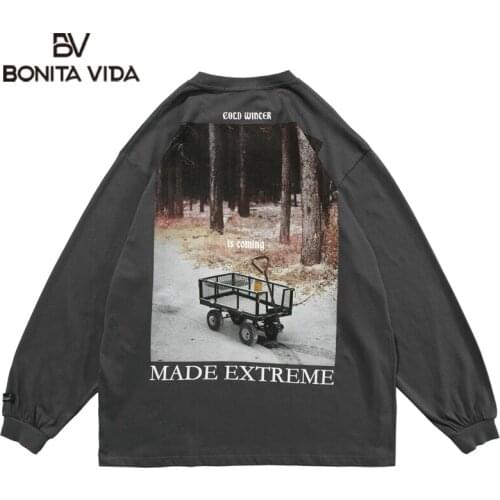 Bonita Vida Oversized Harajuku Creative Poster Print Long Sleeve Tees Shirts Streetwear Hip Hop Fashion Cotton Casual Tops