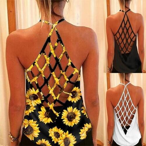 Women Summer Hollow Out Backless Strappy Halter Tank Tops Sexy Sunflower Floral Print Sleeveless Cami Fashion Strapless Shirts