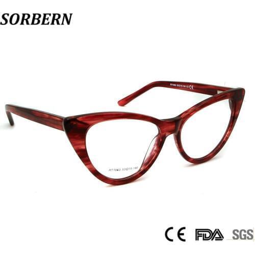 SORBERN Retro Women Cat Eye Frames Eyeglasses Handmade Acetate Sexy Optical Glasses Clear Lens Ladies Vintage Spectacles