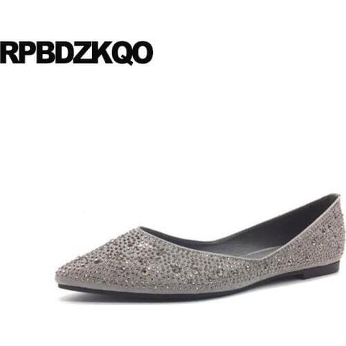 Slip on ladies pointed toe grey diamond 2018 dress designer bling party flats rhinestone cheap shoes china crystal suede gray