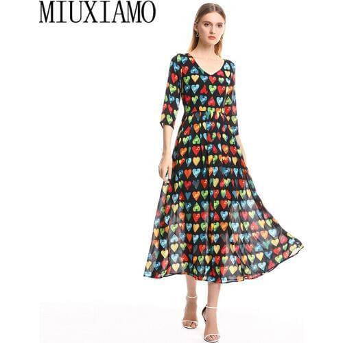 MIUXIMAO 2019 Spring&Summer Long Dress New Arrival Fashion V-Neck Full Half Sleeve Heart Print Ankle-Length Dress Women vestido