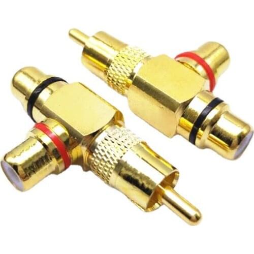 2PCS Gold Plated RCA Male To 2 Female RCA Splitter Adapter AV Video Audio T Plug RCA 3 Way Plug R Connector right angle elbow