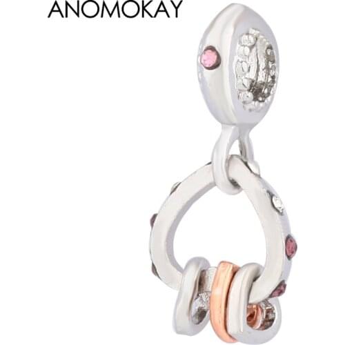 Anomokay Classic Zinc Alloy Heart with Heart Pendant fit Bracelets & Bangles Pink Crystal Heart Charm Bead for Women Lover Gift