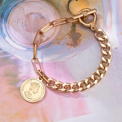 BFH Trendy Gold Color Portrait Coin Charm Bracelets for Women Metal Material Thick Chain Bracelet Girl Women Banquet Jewelry