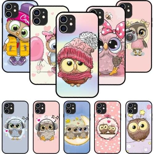 For iPhone 11 12 8 Plus Mini Pro X XR XS Max 4 5 7 6 6S 8 SE Phone Case Black Cover Etui Luxury Bumper Fashion Back Cute owls