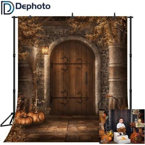 Dephoto Vintage Stone Wall House Wooden Door Pumpkin Yard Halloween Custom Seamless Photography Backdrops Studio Background