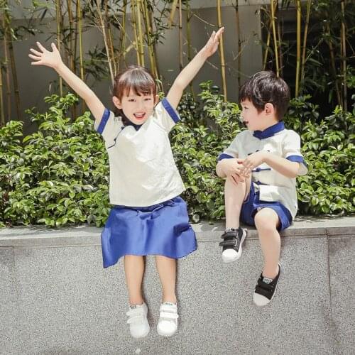 Childrens Tang Suit Chinese Style Hanfu Spring Summer Cotton Thin Chinese Suit Costumes School Kids Uniform Top Skirt Short