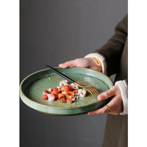 Retro ceramic flat plate household creative Japanese tableware personality handmade stoneware pasta steak round plate CN(Origin)
