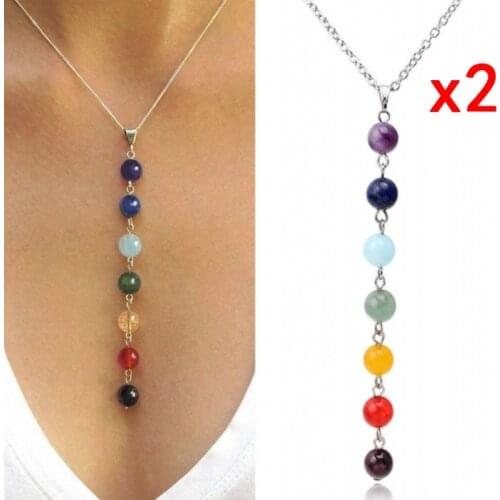 2Pcs 7 Chakra Gem Stone Beads Pendant Necklace Women Yoga Reiki Healing Balancing Maxi Chakra Necklaces Bijoux Femme Jewelry
