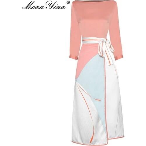 MoaaYina Fashion Designer Summer Skirts Suit Womens Pink Loose Pullover Tops and Slim Midi Stripe Skirts Two Pieces Set