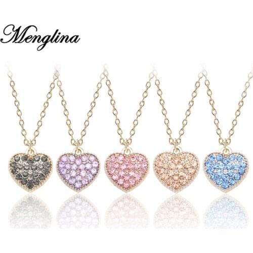 Fashion 5 Colors Rhinestone Crystal Pendant Necklace Gold Color Metal Love Heart Charm Necklaces for Little Girl Women Gifts