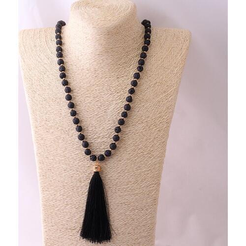 MOODPC Fashion Bohemian Tribal Artisan Jewelry Lava Stone With gold beads And black Tassel Necklace
