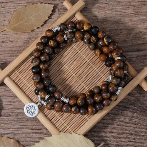 OAIITE 8MM Tiger Eye Stone Bracelet 108 Mala Beads Multilayer Bracelets Women Men Handmade Bangle Yoga Meditation Jewelry Gifts